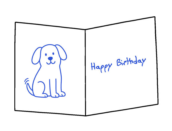 An open greeting card with a hand-drawn dog and 'Happy Birthday' written in pen