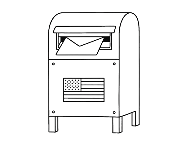 A US Postal Service mailbox with an envelope being deposited