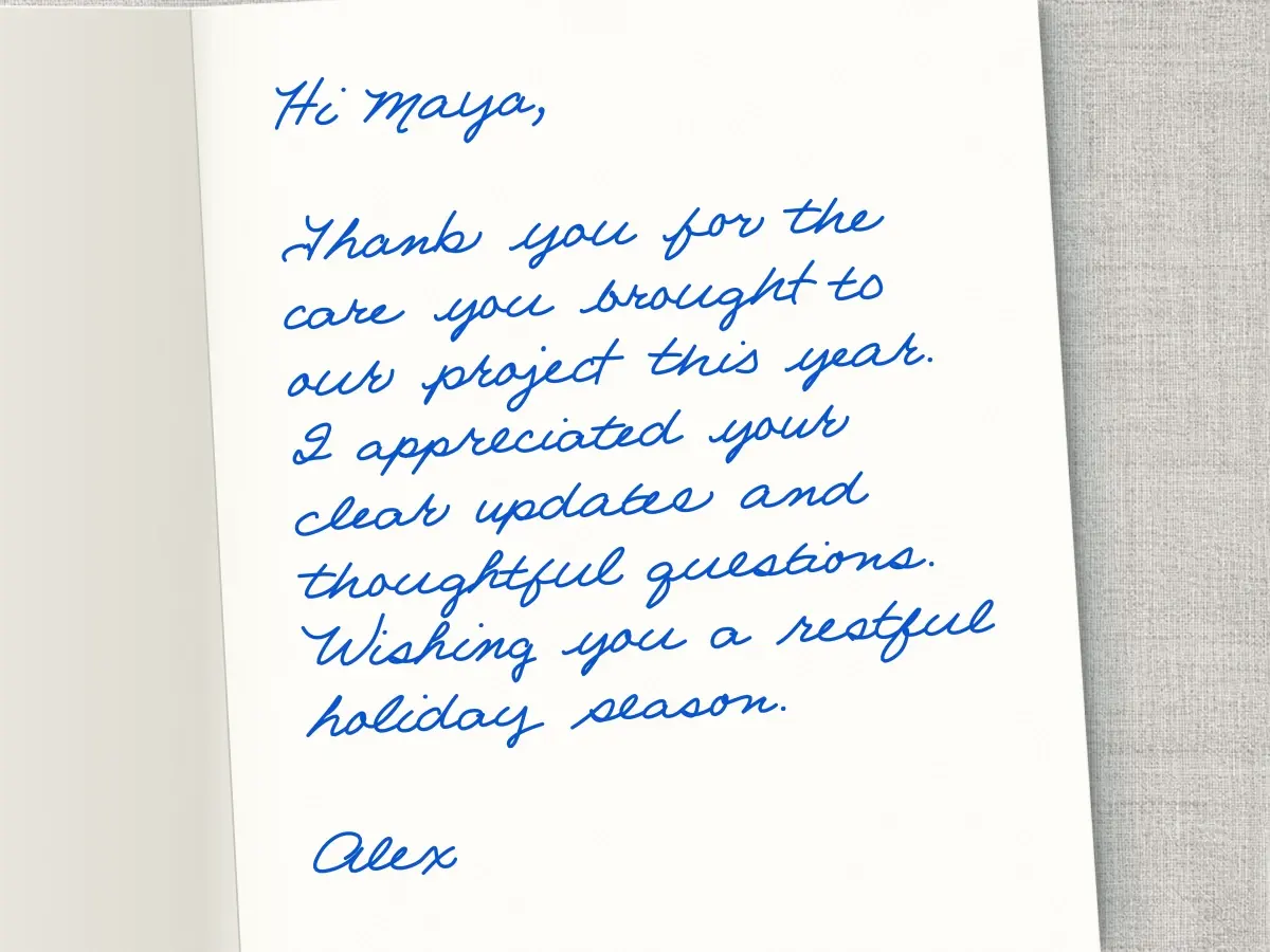 Fictional example note in Frederick handwriting: Hi Maya,  Thank you for the care you brought to our project this year. I appreciated your clear updates and thoughtful questions. Wishing you a restful holiday season.  Alex