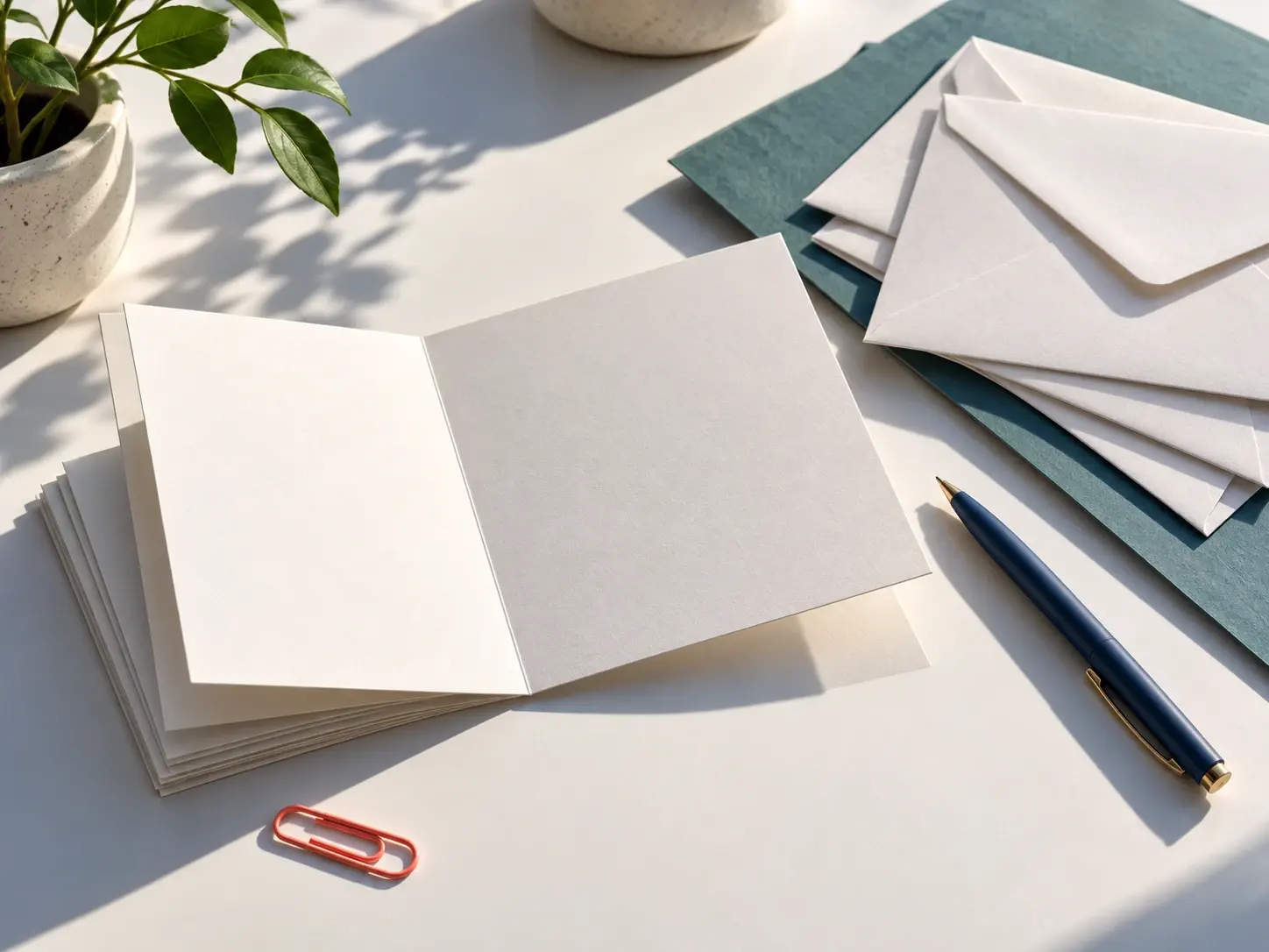 Concept illustration of blank cards, envelopes, a blue pen, and a teal folder arranged on a white work surface.