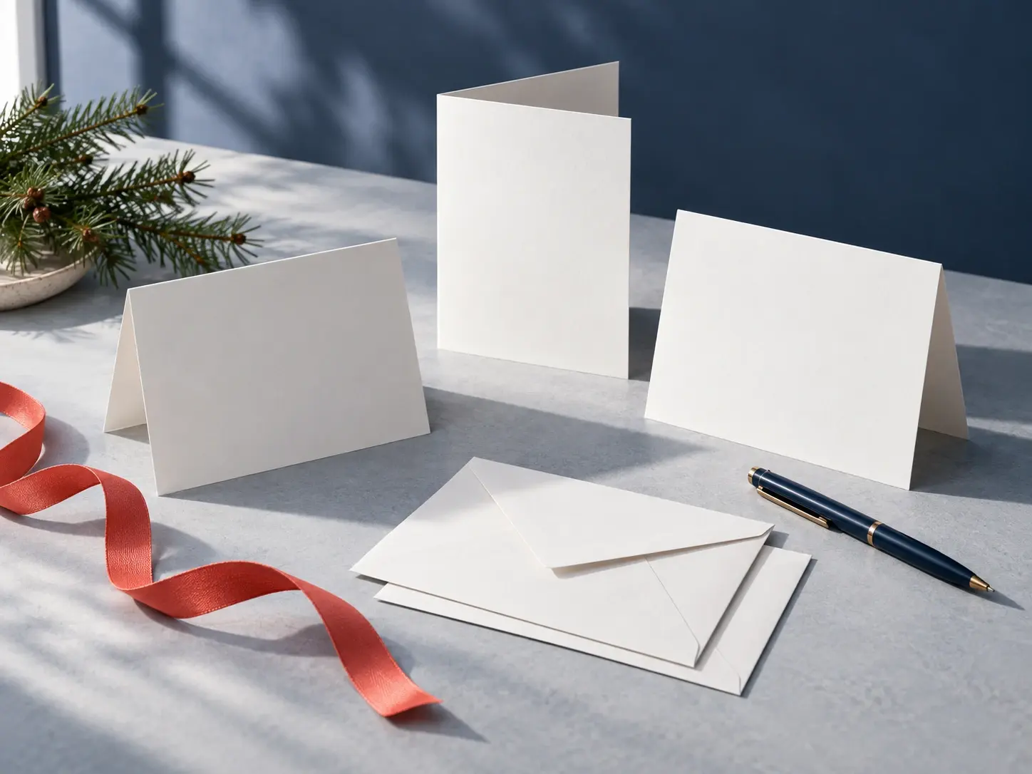 Concept illustration of blank cards and envelopes for a business holiday mailing.