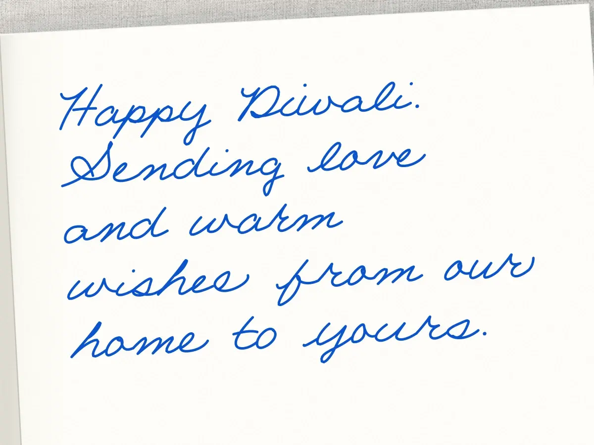 A handwritten card in Frederick: Happy Diwali. Sending love and warm wishes from our home to yours.
