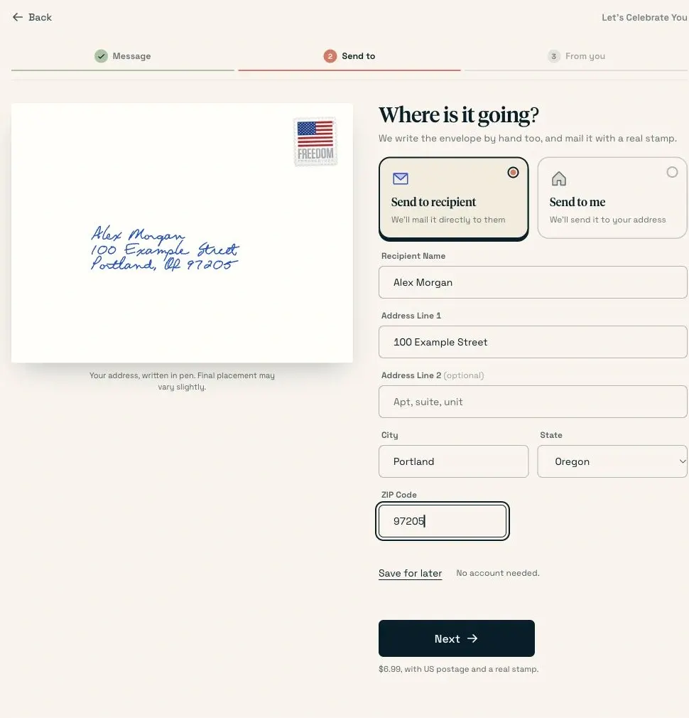 The Send to step with an invented recipient’s complete US mailing address.