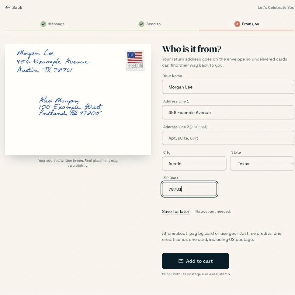 The From you step showing the return address and envelope preview.