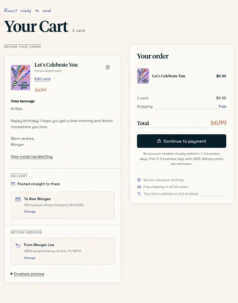Reviewing the same birthday card, message, addresses, and order total before payment.