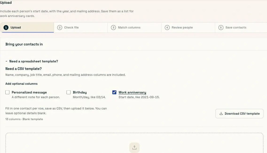 Preparing the work anniversary CSV template with the separate start-date column selected.