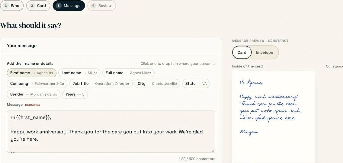 Writing the work anniversary message and checking the handwriting and envelope preview.