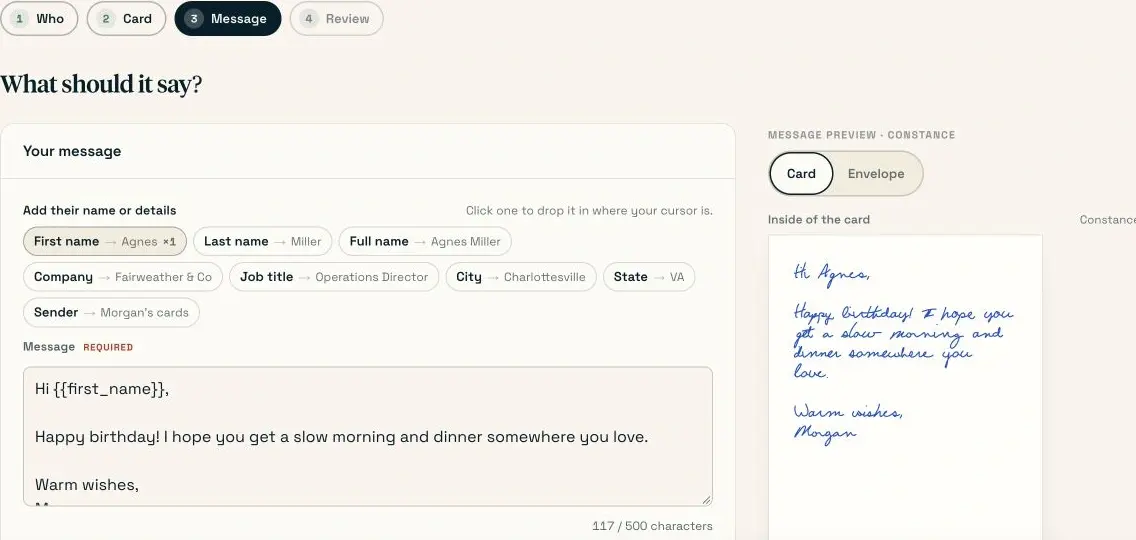 Writing the recurring birthday greeting and checking its handwritten preview.