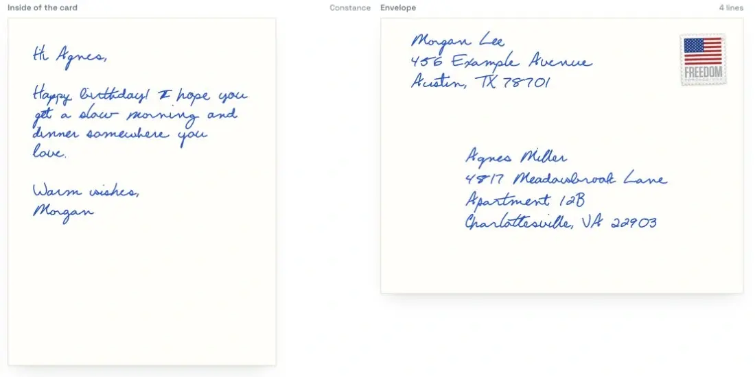 The full handwritten birthday note and both envelope address blocks in the birthday review.