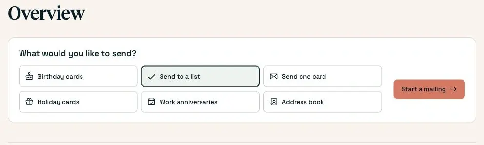 Starting a mailing with Send to a list selected on the account overview.