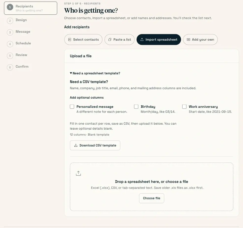 The mailing import screen with the CSV template options and download button open.