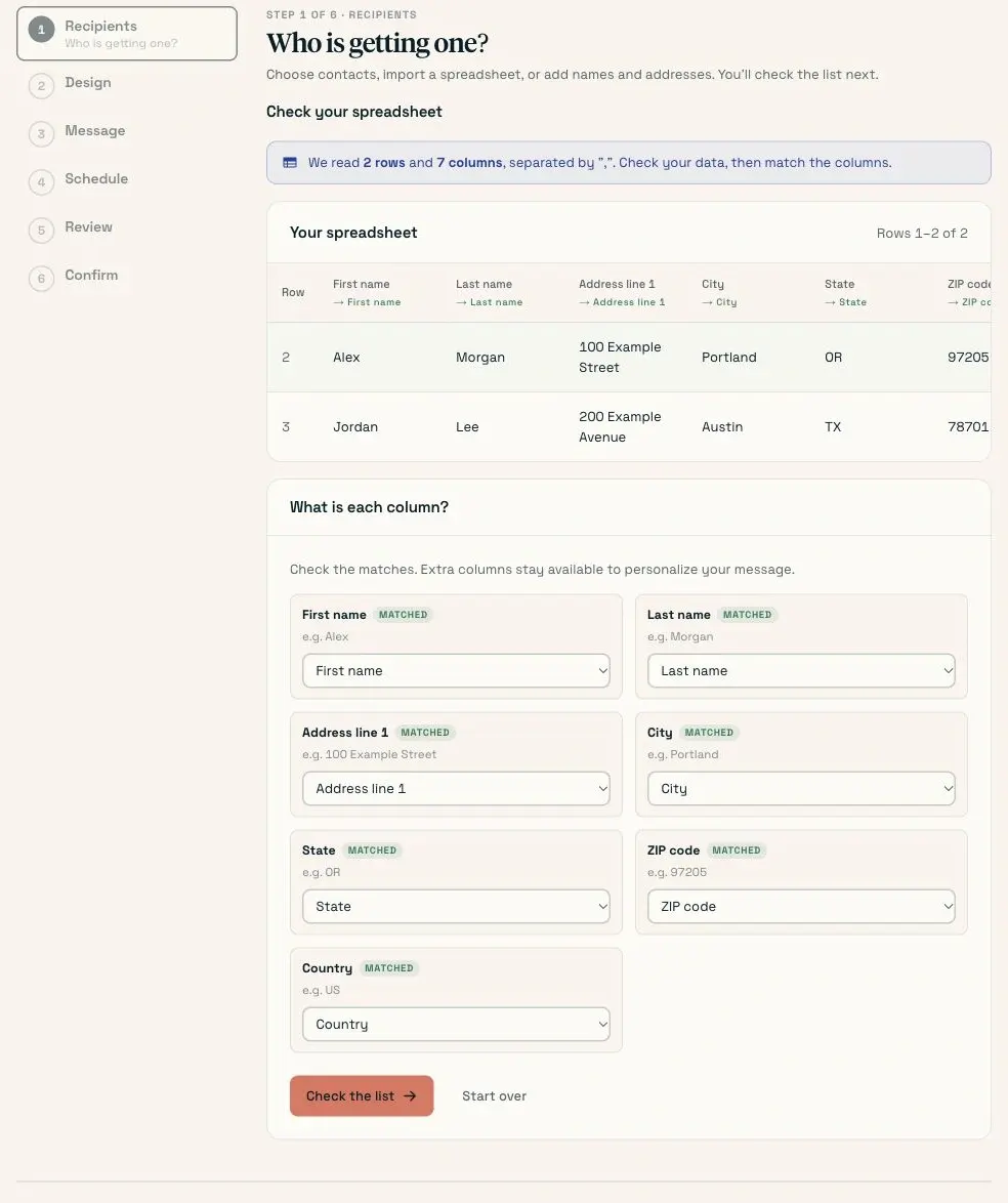 Matching the imported thank-you mailing spreadsheet columns to names and mailing address fields.