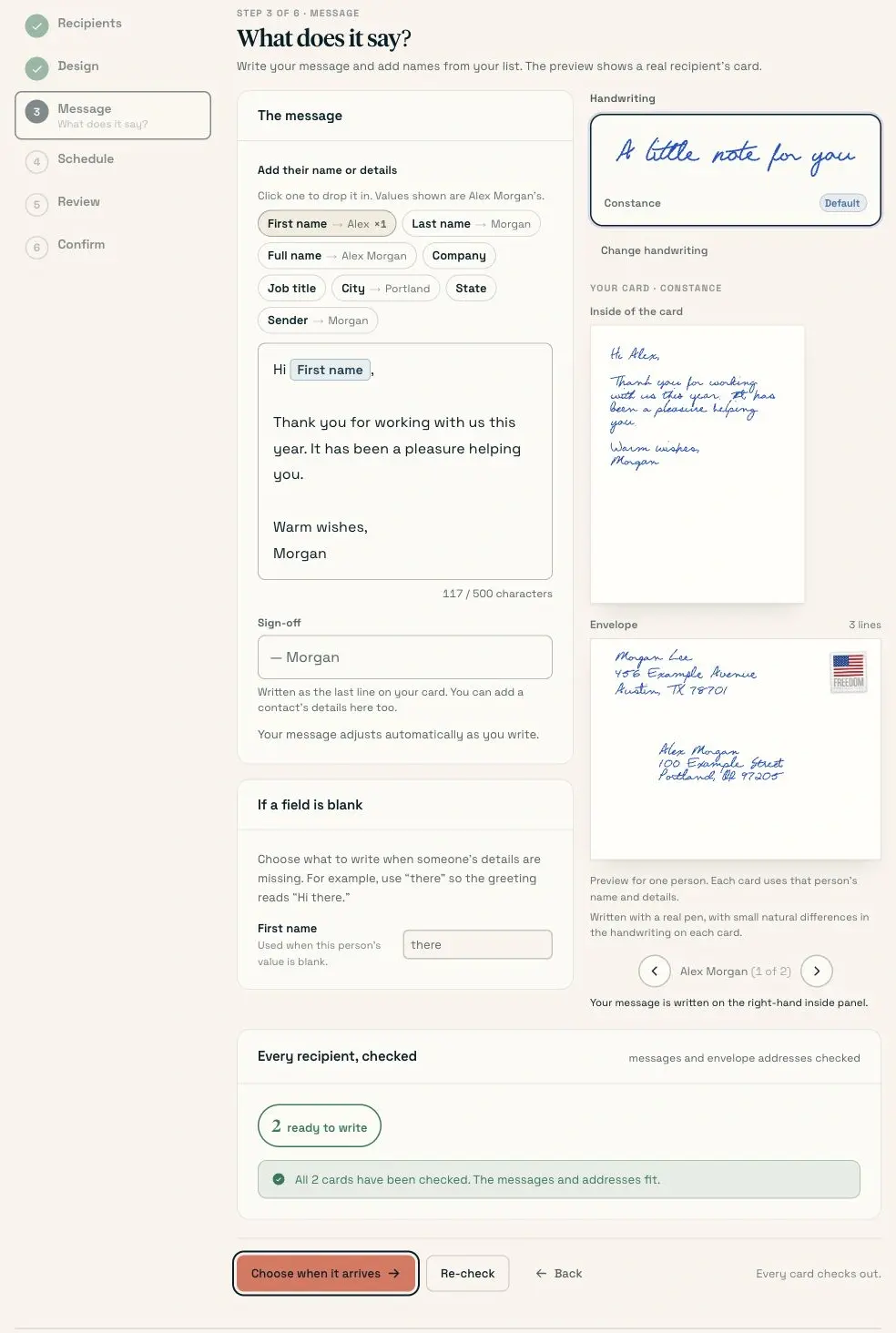 The mailing message with the first-name field, handwriting preview, and card-check action.