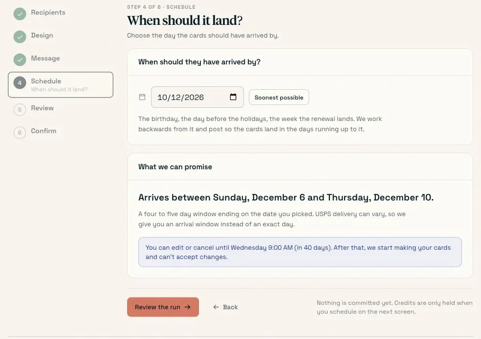 Choosing an arrive-by date and checking the arrival window for the thank-you mailing.