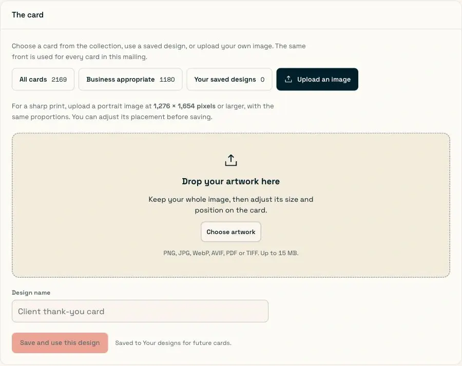 The outside artwork upload option in the Scribble Cards design chooser.