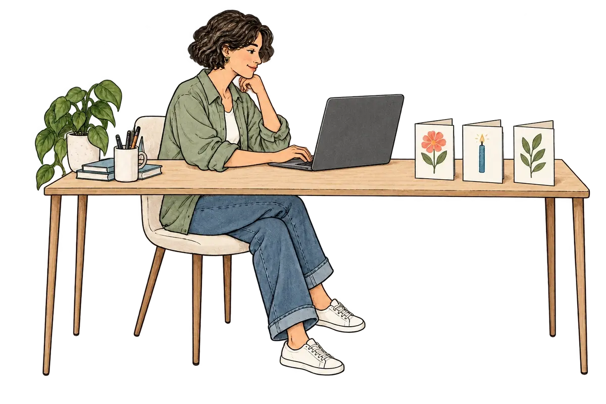 A person choosing card artwork on a laptop, with finished card designs on their desk