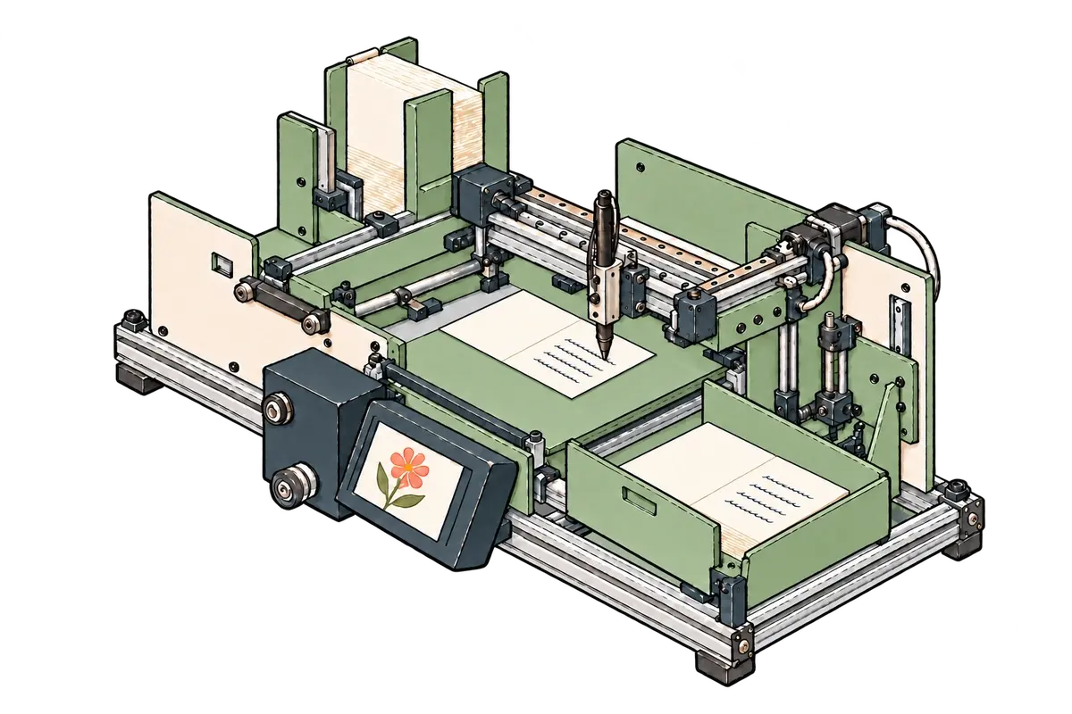 A Scribble writing robot using a real pen on the right inside page of a card, with matching finished cards in its tray