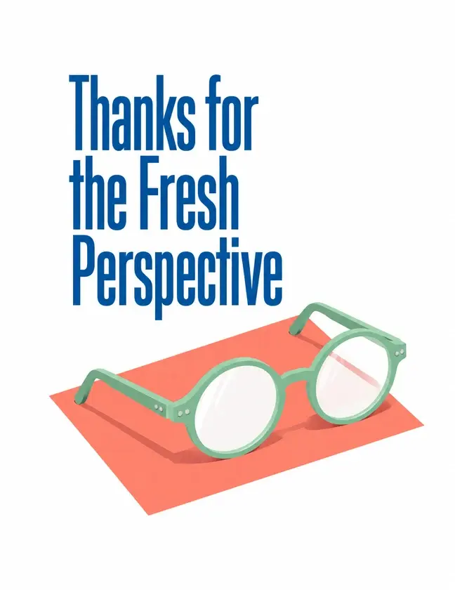 The front of a Scribble thank-you card with illustrated green glasses and the words Thanks for the Fresh Perspective.