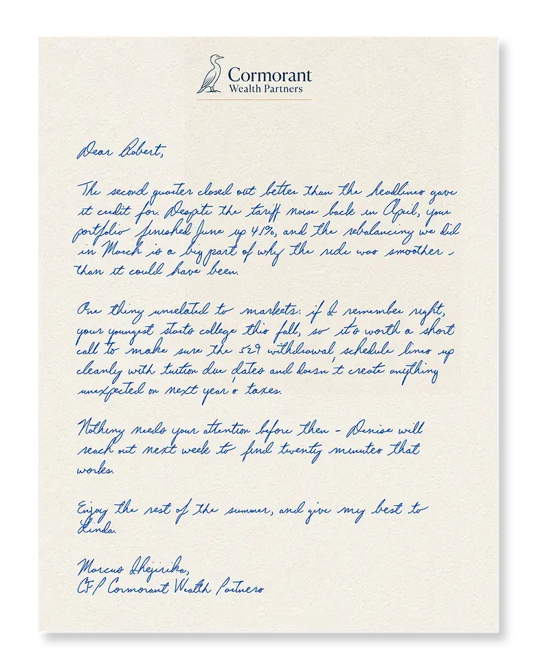 A real handwritten client relationship letter on wealth-advisor letterhead, penned in blue ink