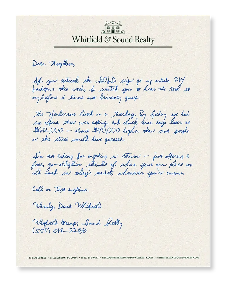A real handwritten real estate farming letter introducing an agent to a neighborhood