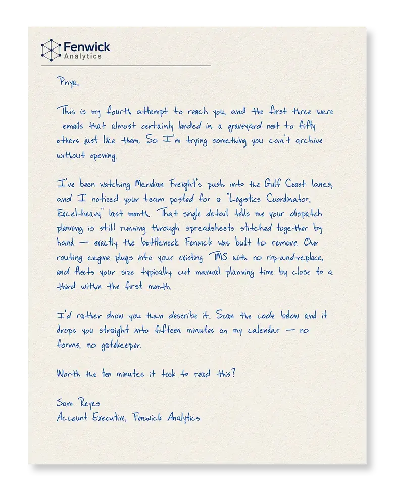 A real handwritten sales prospecting letter on business letterhead, penned in blue ink