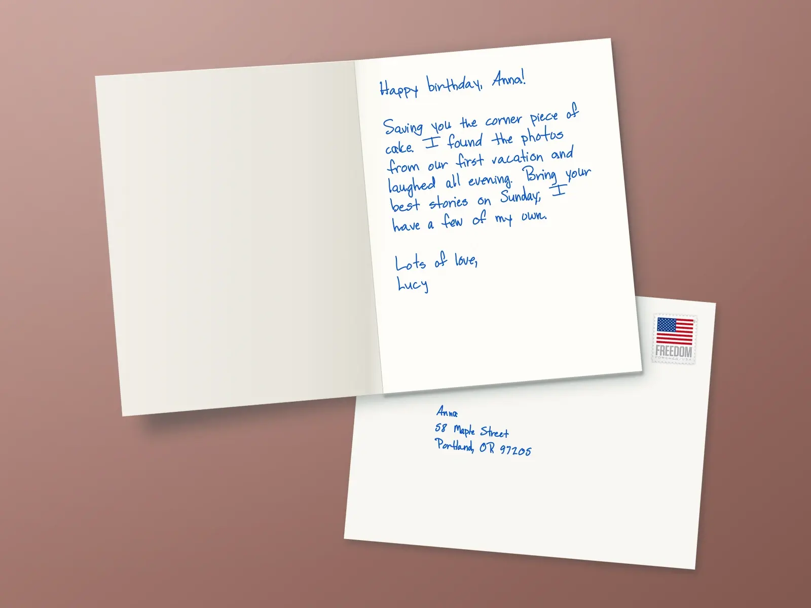 An open birthday card to Anna: Saving you the corner piece of cake. I found the photos from our first vacation and laughed all evening. Bring your best stories on Sunday; I have a few of my own. Lots of love, Lucy.