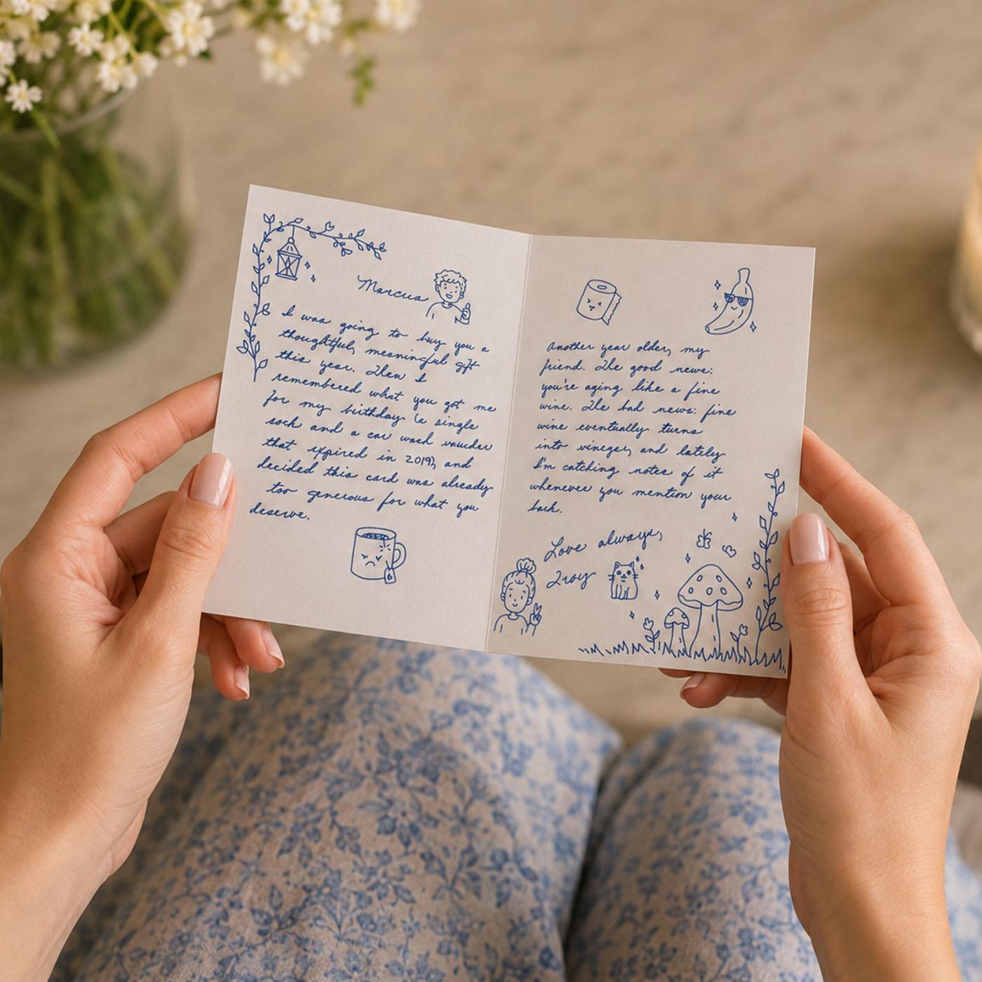 Handwritten card being held