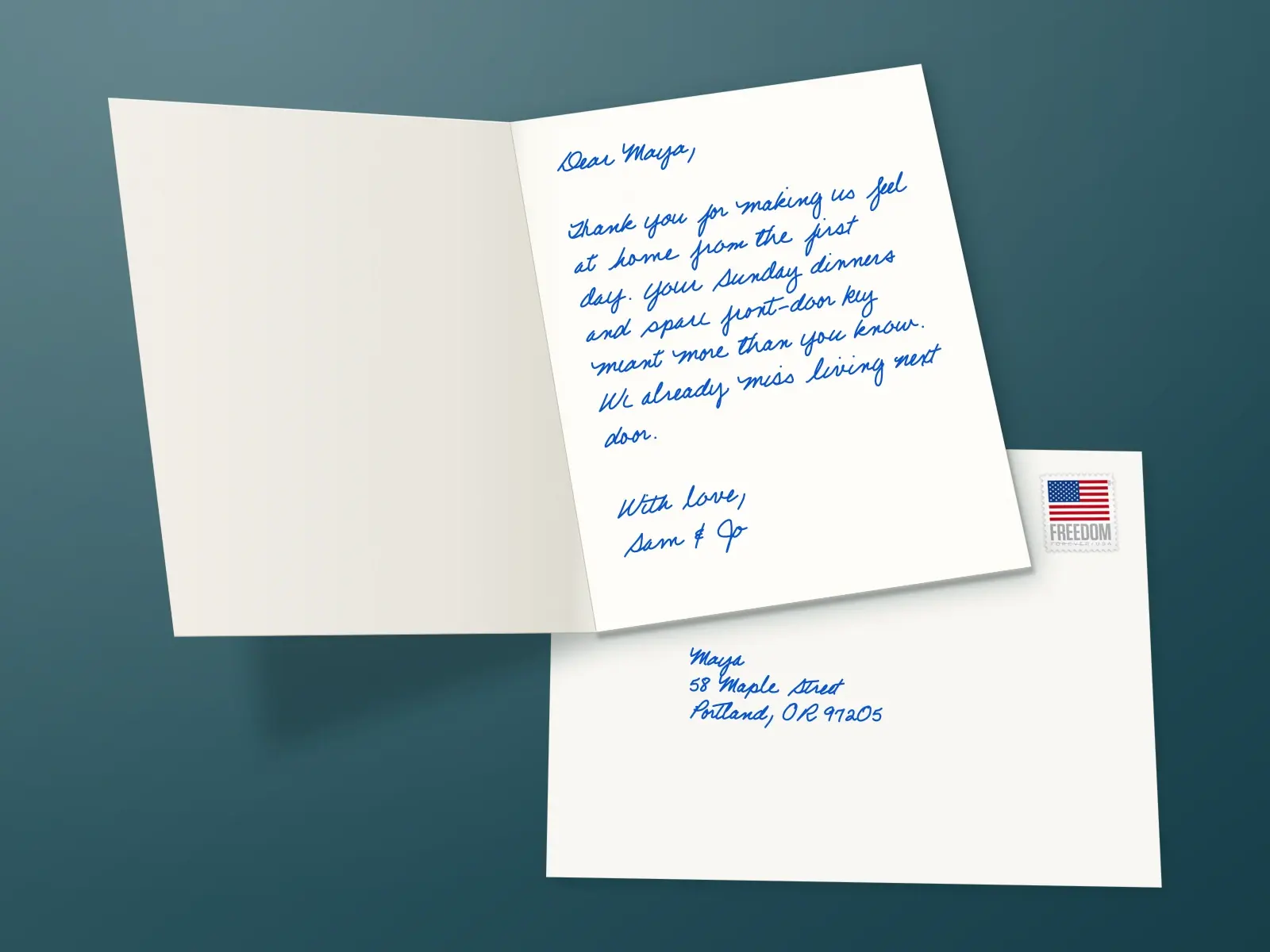 An open card reading: Dear Maya, thank you for making us feel at home. With love, Sam & Jo.