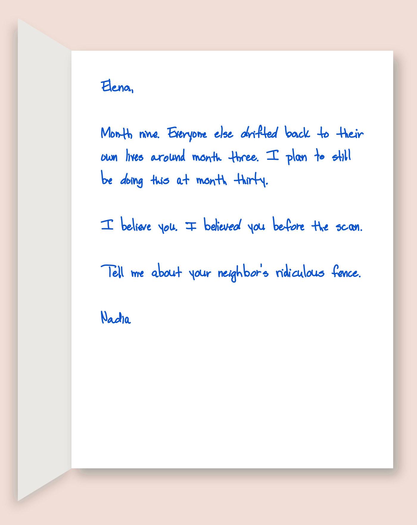 Handwritten card for a chronic illness reading month nine, I believe you, I believed you before the scan