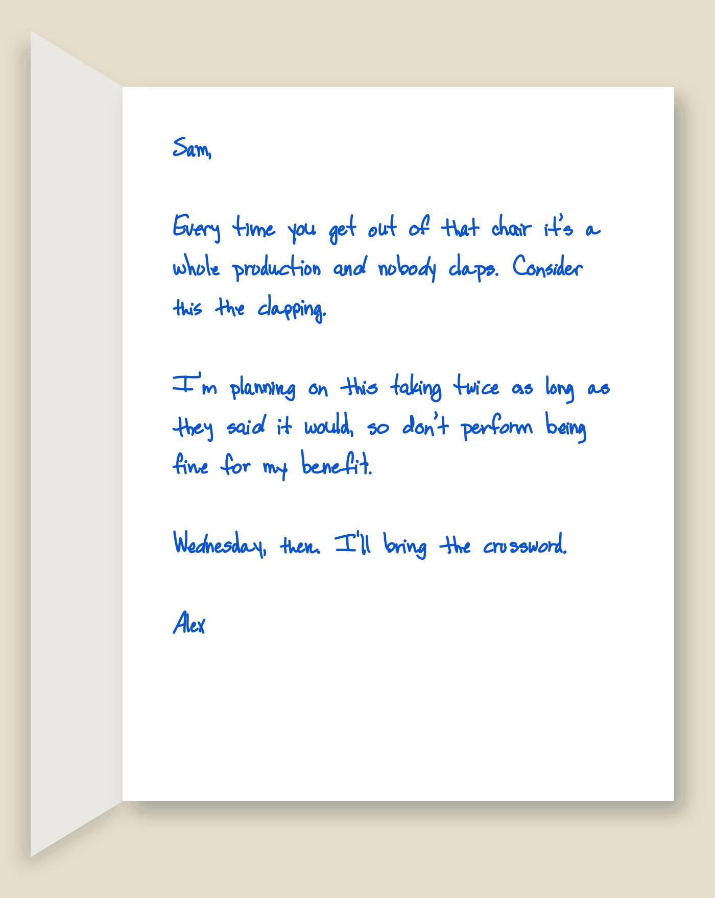 Handwritten get well card after surgery reading consider this the clapping