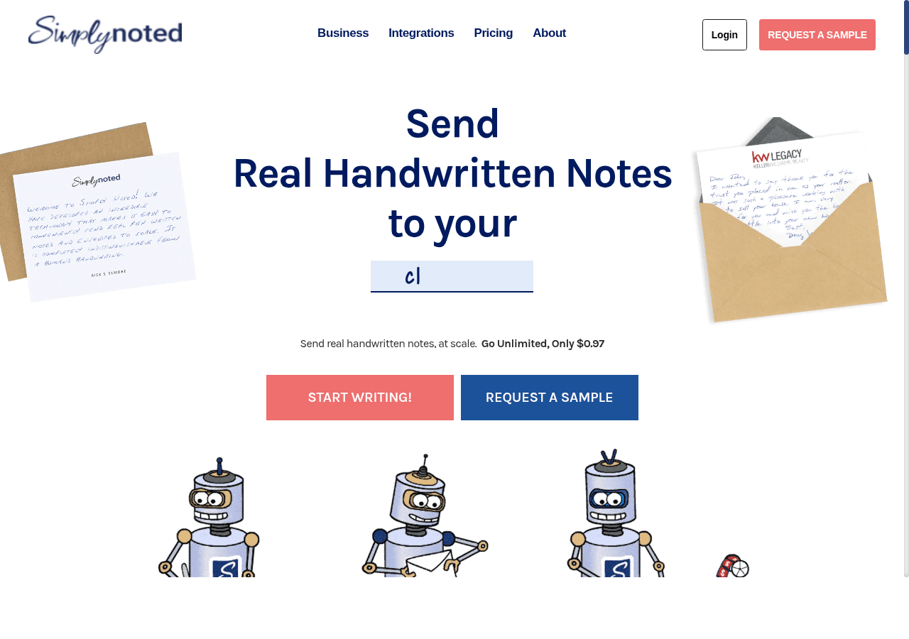 SimplyNoted homepage showing automated handwritten cards