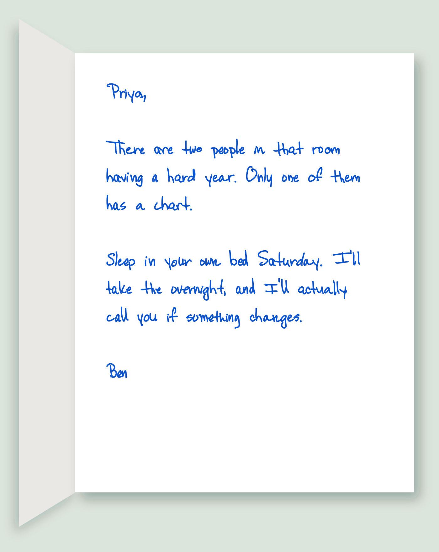 Handwritten card for a caregiver reading there are two people in that room having a hard year